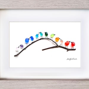 Rainbow Birds on Branch - Sea Glass & Driftwood Picture - Framed Unique Handmade - Sea Glass Art