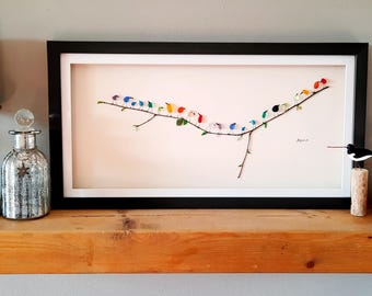 シーグラスアート - パノラマレインボーバード - シーグラス＆流木絵画