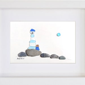 Blue Lighthouse (landscape) - Pebble Art & Sea Glass Picture - Framed, Unique, Handmade - Original sea glass art