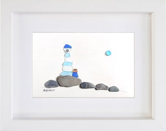 Blue Lighthouse (landscape) - Pebble Art & Sea Glass Picture - Framed, Unique, Handmade - Original sea glass art