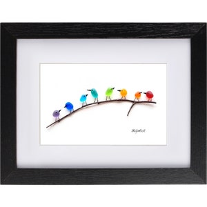 Rainbow Birds on Branch Sea Glass & Driftwood Picture Framed Unique Handmade Sea Glass Art image 8