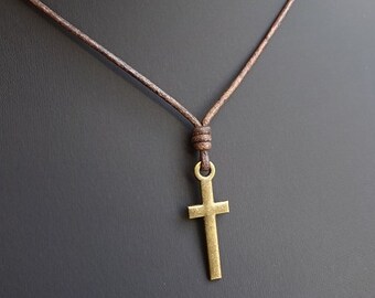 cross necklace, Mens Cross Necklace, Leather Cross Necklace, cross pendant, Christian Necklace, religious jewelry, crucifix pendant necklace