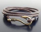 Fish Hook bracelet, Fish Hook Leather Bracelet, Mens Hook bracelet, Leather wrap bracelet, Leather Cuff bracelet, nautical leather bracelet