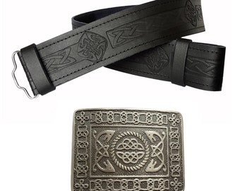 Leather Kilt Belt Celtic knot Embossed And Antique Buckle - Real Leather - 2 piece Accessory Set for Scottish Wedding Outfits