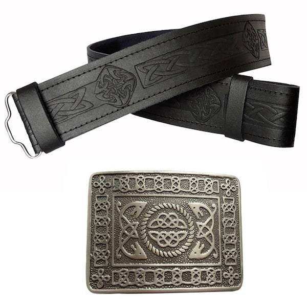 Leather Kilt Belt Celtic knot Embossed And Antique Buckle - Real Leather - 2 piece Accessory Set for Scottish Wedding Outfits