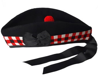 Sombrero glengarry de lana escocesa pompón de cinta toorie roja, rojo blanco y negro cortado en cubitos, gorro de boina de banda de tubo de reloj negro