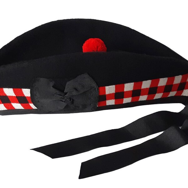 Scottish wool glengarry hat red toorie ribbon pom pom, red white and black diced,  black watch pipe band beret bonnet