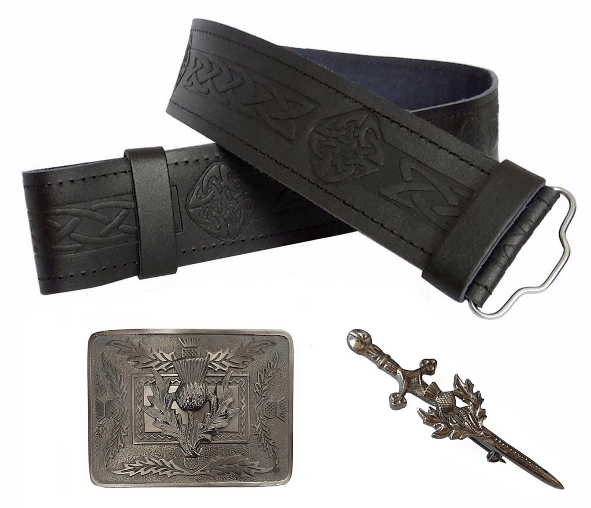 Image of Leather Kilt Belt Embossed Celtic Knot , Thistle Antique Buckle & Pin Set