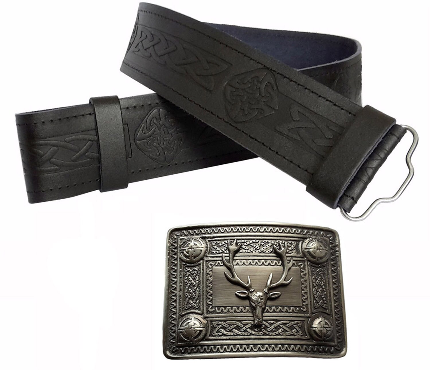 Image of Leather Kilt Belt Celtic Knot Embossed & Antique Stag Highland Buckle