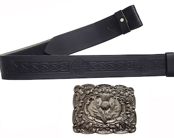 Leather Kilt Belt, Embossed Belt, Celtic knot, Thistle Buckle, Antique Belt Buckle, Highland Outfit, Men's gift, Kilt Belt And Buckle, Gift