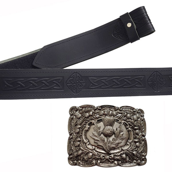 Leather Kilt Belt, Embossed Belt, Celtic knot, Thistle Buckle, Antique Belt Buckle, Highland Outfit, Men's gift, Kilt Belt And Buckle,