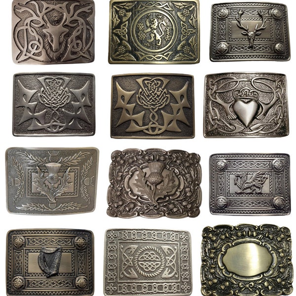 Boucle de ceinture de kilt pour homme Finition antique - Boucles celtiques des Highlands écossais - Claddagh, Cerf, Lion rampant, Serpent, Saltire