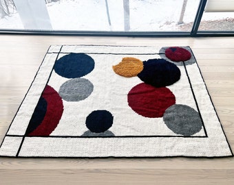 Modern Area Rug, Handmade Wool Carpet, WeddingGift, Black White Red Yellow Gray Blue Navy Multicolor Interior Design, PrimaryBedroom