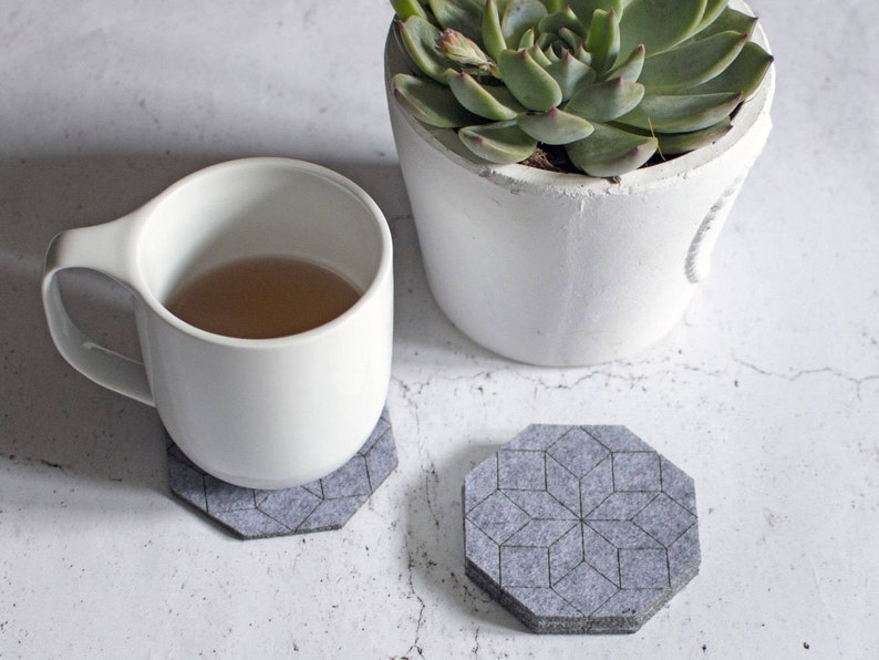 Sale discount, Hexagon Gray Felt Coaster, Christmas gift for her, Thanksgiving, Under 15 dollars for Him Husband, Geometric image 4