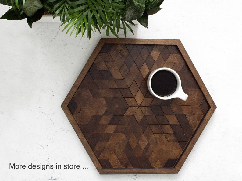 Sale Discount, Wood Serving Tray, Christmas Thanksgiving housewarming Wedding gift, Hexagon Hygge Breakfast Ottoman Tray, Mid Century image 10