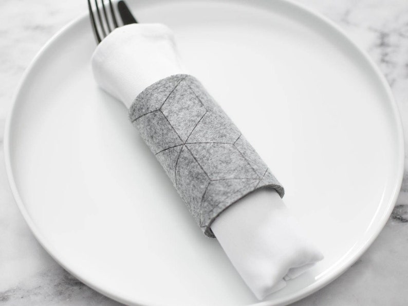 Minimal Felt Napkin Ring Christmas Thanksgiving Housewarming Wedding Engagement Bridal Sale discount Geometric Gray Napkin Cuff Wrap