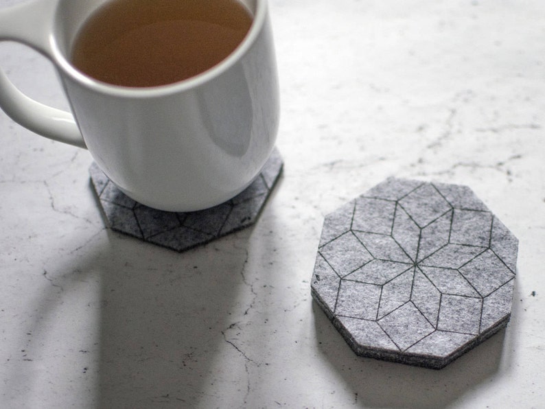 Sale discount, Hexagon Gray Felt Coaster, Christmas gift for her, Thanksgiving, Under 15 dollars for Him Husband, Geometric image 2