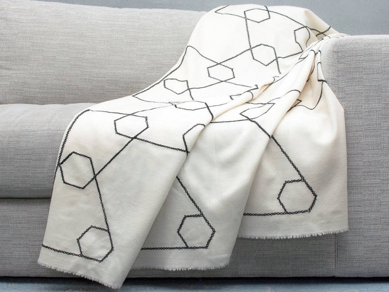 Cashmere Throw Blanket Embroidery Black White Blanket Hygge Etsy
