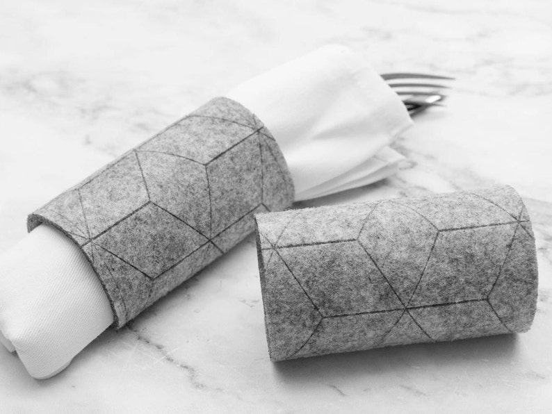 Minimal Felt Napkin Ring Christmas Thanksgiving Housewarming Wedding Engagement Bridal Sale discount Geometric Gray Napkin Cuff Wrap