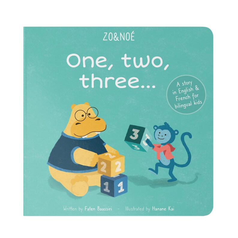 May include: A children's book titled "One, two, three..." by ZO&NO&Eacute;. The book cover features a yellow hippopotamus wearing blue glasses and a blue shirt, stacking colourful blocks. A blue monkey wearing a red shirt holds a block with the number 3 on it. The book is written in English and French for bilingual children.