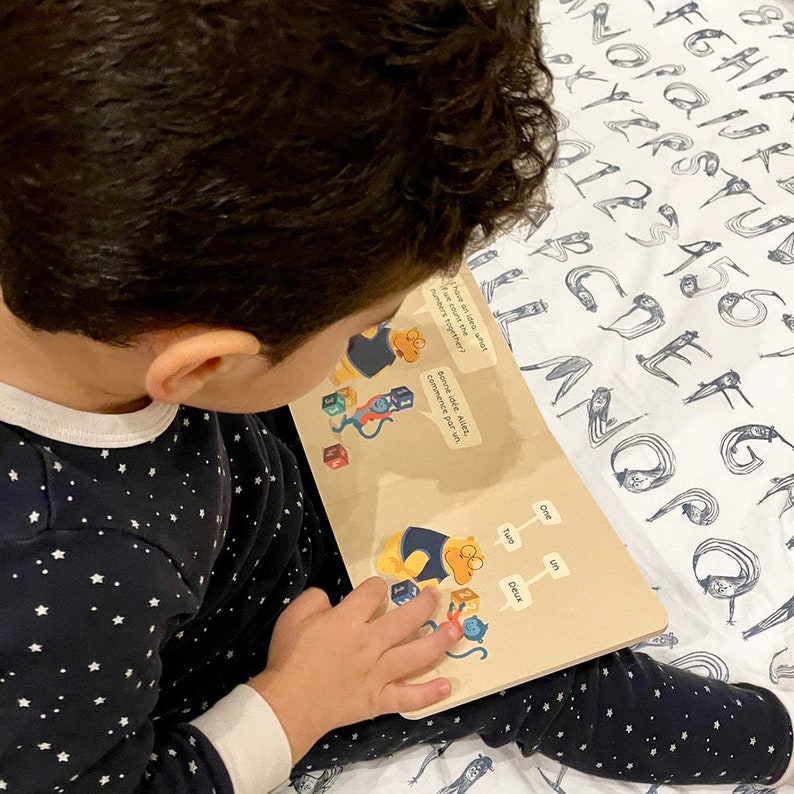 May include: A child is reading a book with colourful illustrations and text in English and French. The book features a cartoon character counting blocks. The text reads "If we count the numbers together?" and "Bonne id&eacute;e. Allez, commence par un."
