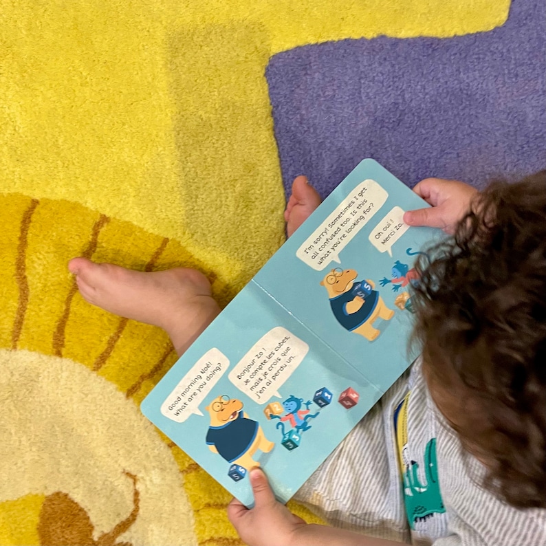 May include: A child is reading a book with colourful illustrations of a blue and white character counting cubes. The book has the text "Good morning Noel! What are you doing?" and "Bonjour Ze! Je compte les cubes, mais je crois que j'en ai perdu un."  The text "I'm sorry! Sometimes I get all confused too. Is this what you're looking for?" and "Oh oui! Merci 20" are also visible.