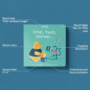 May include: A colourful board book with a blue background and a hippopotamus and monkey building blocks. The book is titled "One, two, three..." and is written in English and French for bilingual kids. The book is 6 inches by 6 inches.