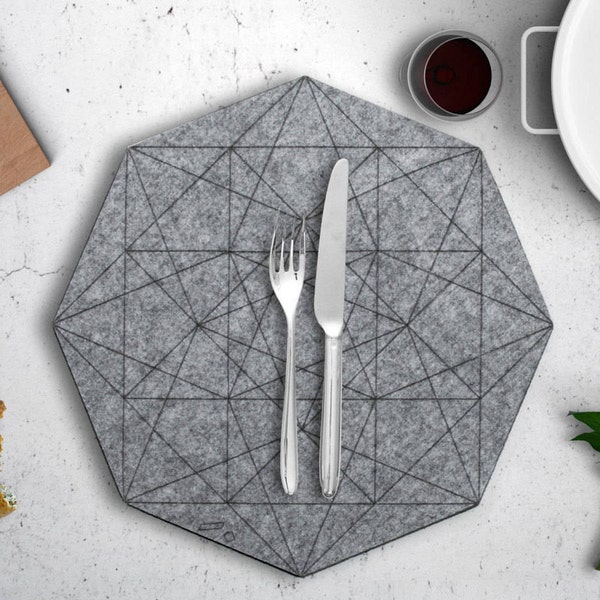 Hexagon Gray Felt Placemat, Wedding Round Table Linen, Holiday Dinner Table, Geometric Tablecloth, Nordic Scandi Minimal Decor, Laser cut