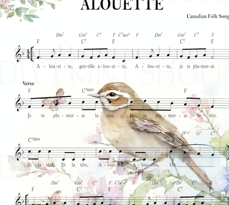 Alouette Song, Folk Song, Children's Song, Sheet Music Art, Bird Song, French Canadian Song, Boy