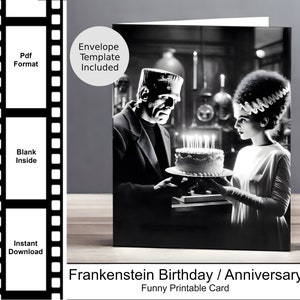 Compleanno di Frankenstein, biglietto digitale, compleanno mostruoso, sposa di Frankenstein, biglietto di anniversario, biglietto di compleanno, biglietto per tutte le occasioni, biglietto divertente