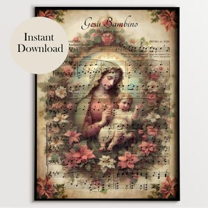 May include: Vintage sheet music featuring a painting of Mary holding baby Jesus. The music is titled "Gesu Bambino" and includes the words "The Infant Jesus" and "Pietro A Yon".
