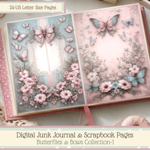 Papel digital Coquette, páginas de scrapbook de borboletas, papel digital de borboletas, papel de laço digital, páginas tamanho carta, diário Coquette, laço rosa