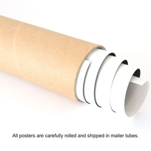 May include: A rolled-up poster inside a brown cardboard mailing tube. The white poster is partially unrolled, revealing its rolled form. The tube is on a white background.