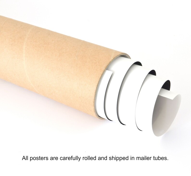 May include: A rolled-up poster inside a brown cardboard mailing tube. The white poster is partially unrolled, revealing its rolled form. The tube is on a white background.