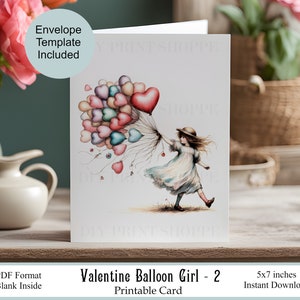 Chica con Globos de San Valentín 2, Tarjeta Retro, Tarjeta Vintage, Tarjeta para Cualquier Ocasión, Tarjeta de Amor, Tarjeta con Globos, Descarga Instantánea, Tarjeta Imprimible, Tarjeta de Corazón