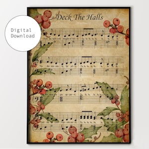 Impresión de la letra de la canción navideña vintage "Deck The Halls" (descarga digital)