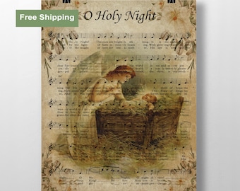 O Holy Night Sheet Music Art: Vintage Christmas Carol Poster