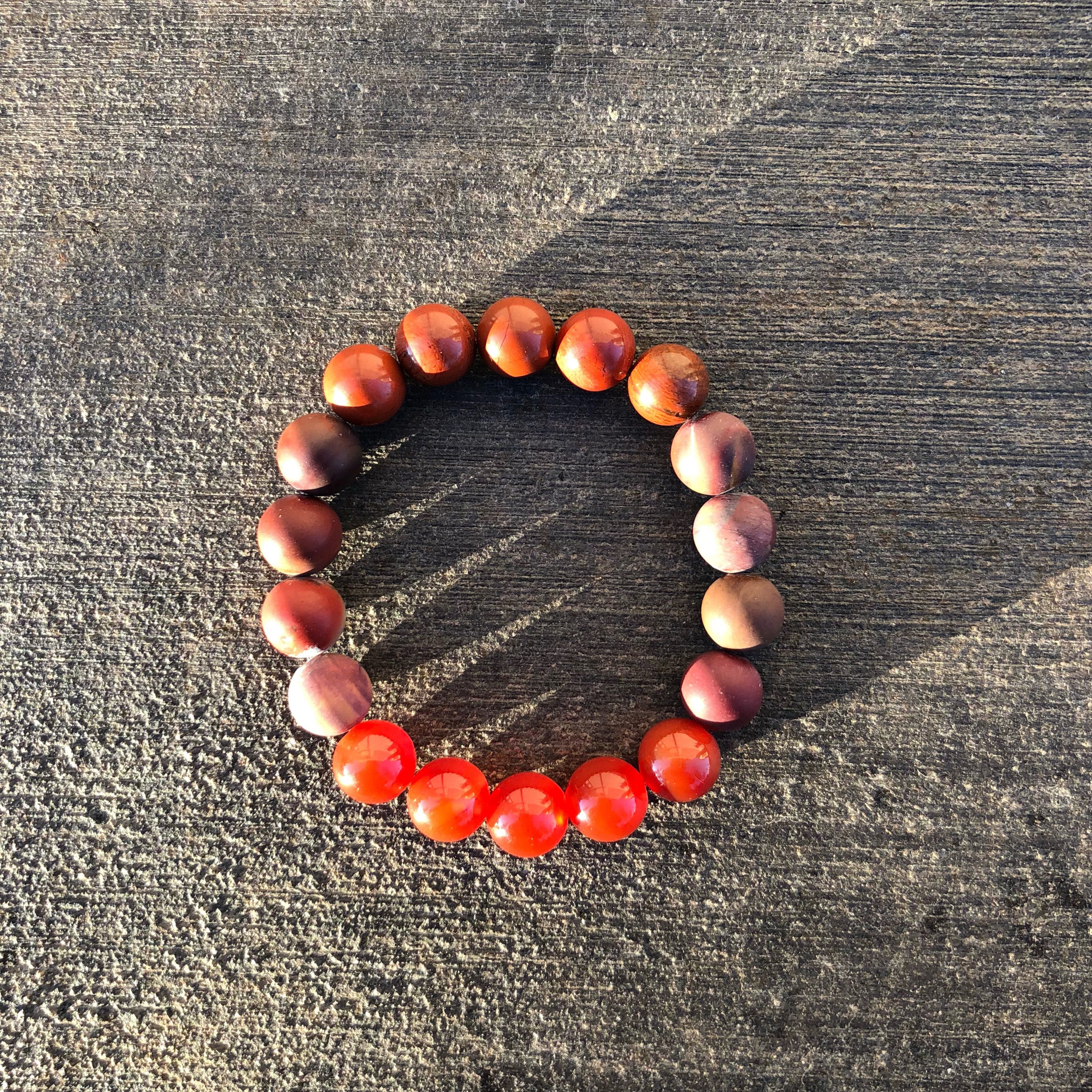 Red Jasper, Carnelian, and Mookite Jasper Bracelet 10mm