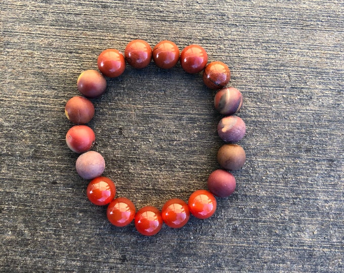 Red Jasper, Carnelian, and Mookite Jasper Bracelet 10mm