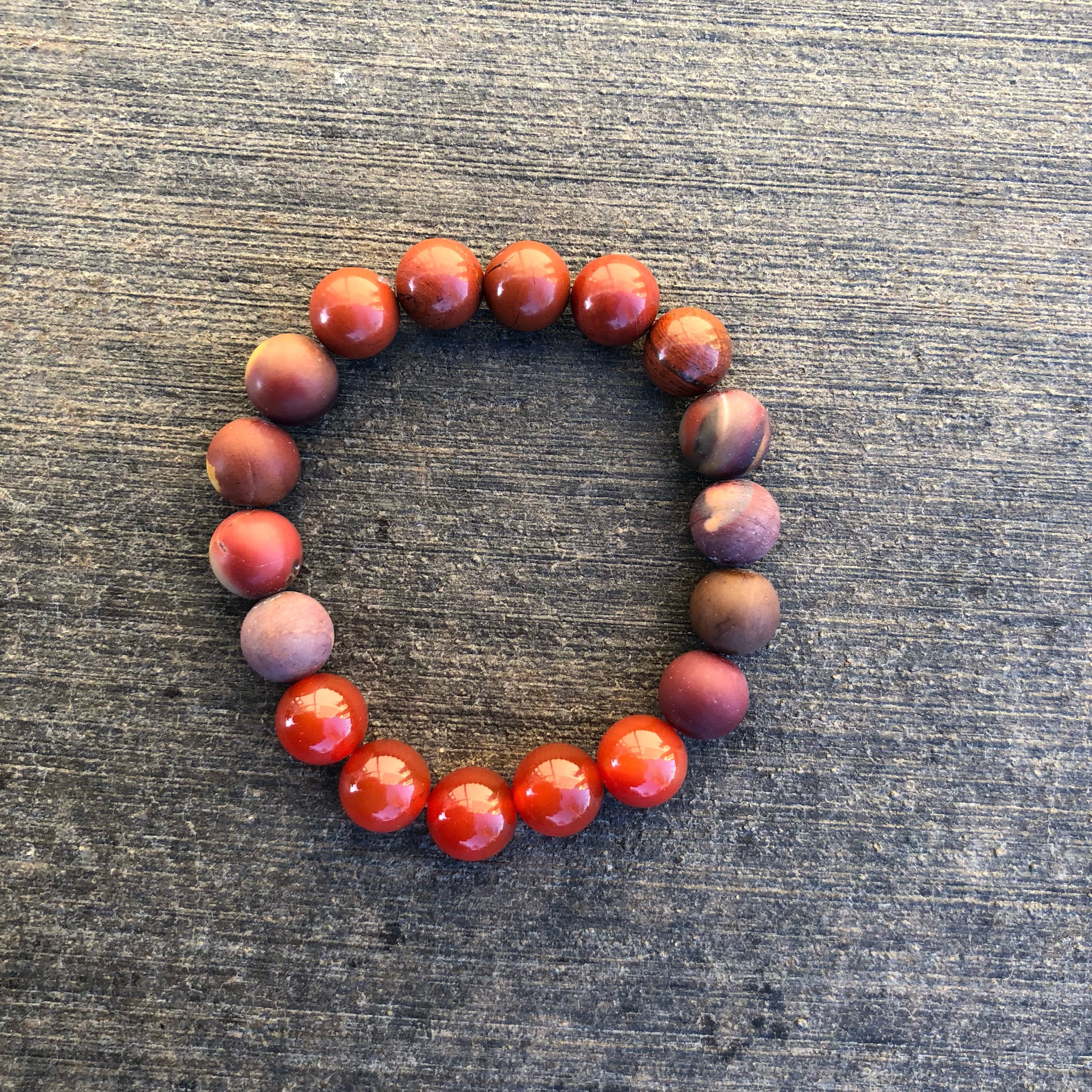 Red Jasper, Carnelian, and Mookite Jasper Bracelet 10mm