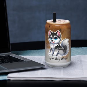 Vaso de lata con forma de cachorro Pomsky: regalo para amantes de los huskys, vaso esmerilado para bebidas heladas.