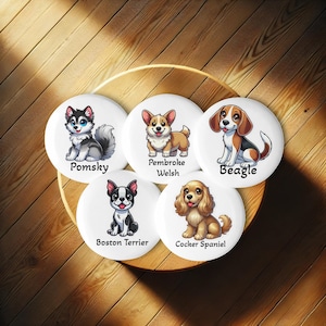 Cartoon Puppy Button Pin Set – Dog Breeds for Kids, Dog Lovers Gift Pack (5),