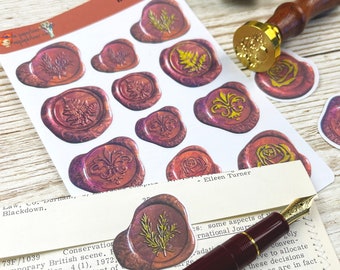 Vintage Wax Seal Stickers, Rose, Fleur de Lis, Leaves, Frond, Junk Journal Stickers