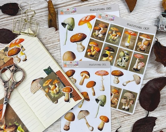 Vintage Mushroom Stickers, Botanical Autumn Style, Sticker Sheets and Flakes