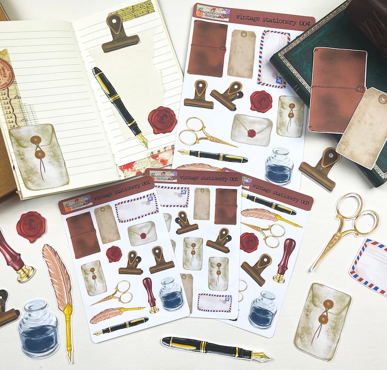 May include: Vintage stationery stickers featuring illustrations of envelopes, pens, scissors, inkwells, and other office supplies. The stickers are on a white background and have a vintage aesthetic.