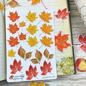 Puede incluir: Una hoja de pegatinas de hojas de oto&ntilde;o coloridas con una variedad de formas y tama&ntilde;os. Las pegatinas est&aacute;n sobre un fondo blanco y presentan tonos de rojo, naranja, amarillo y marr&oacute;n. El texto "autumunity 003" est&aacute; impreso en la esquina inferior derecha.