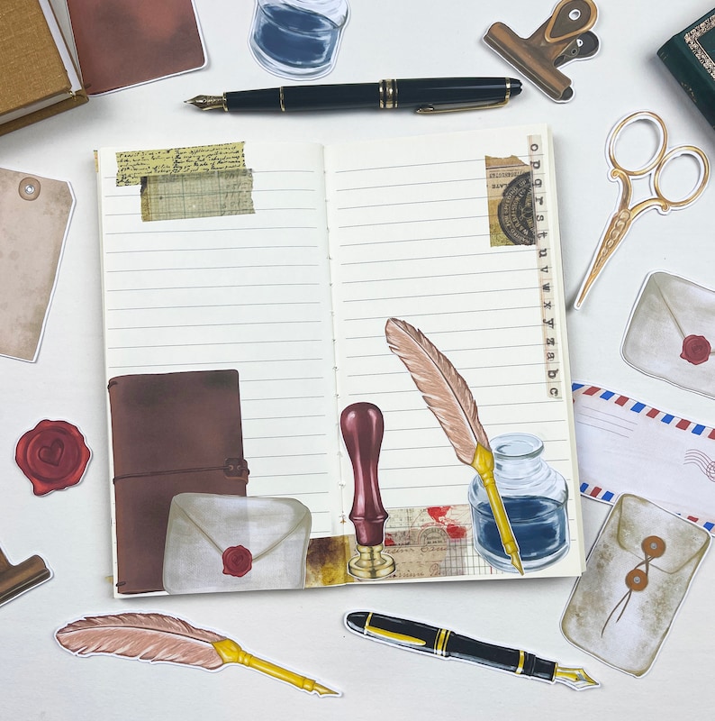 May include: A notebook with lined pages and a variety of stickers, including a quill pen, an inkwell, a stamp, and envelopes. The stickers are in a vintage style and have a brown, red, and gold color scheme.