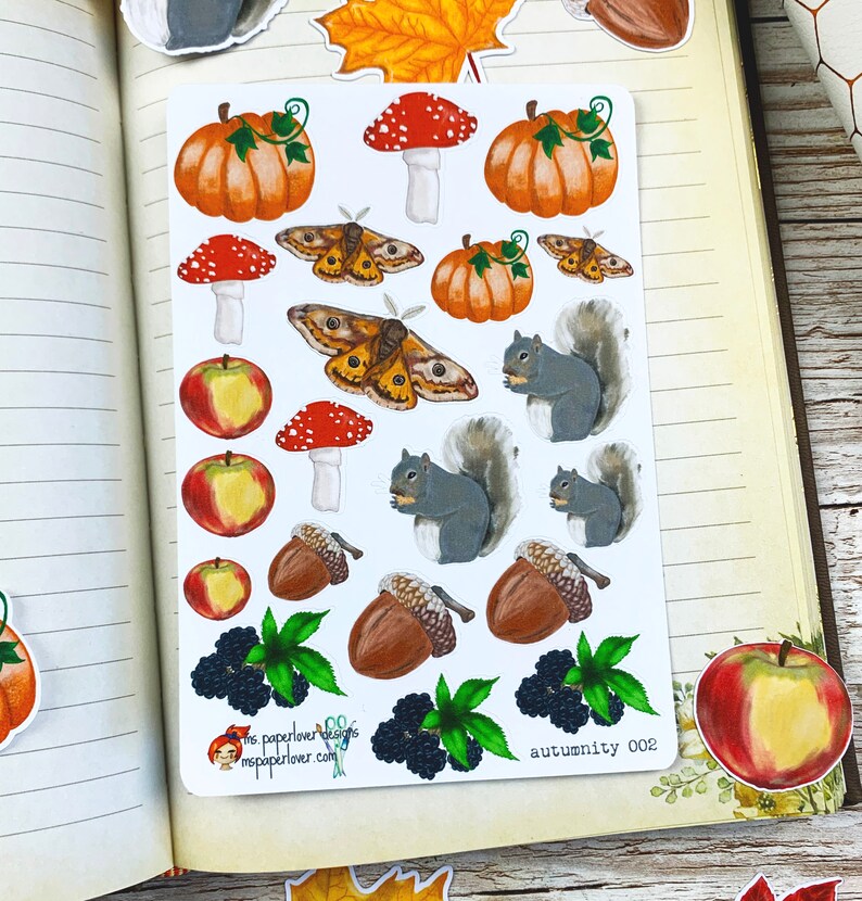 Puede incluir: Una hoja de pegatinas con tem&aacute;tica oto&ntilde;al con calabazas, setas, ardillas, bellotas, moras y polillas. Las pegatinas est&aacute;n sobre un fondo blanco y tienen un aspecto pintado a mano. El texto "autumunity 002" est&aacute; impreso en la esquina inferior derecha.