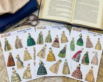 Hojas de pegatinas de damas victorianas, pegatinas antiguas vintage, diarios basura, planificadores de álbumes de recortes