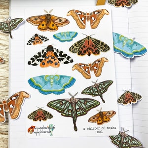 Moths Sticker Sheets &#39;A Whisper of Moths&#39; : Handrawn Designs for Planners, Journals, Scrapbooking, Art Journaling, etc